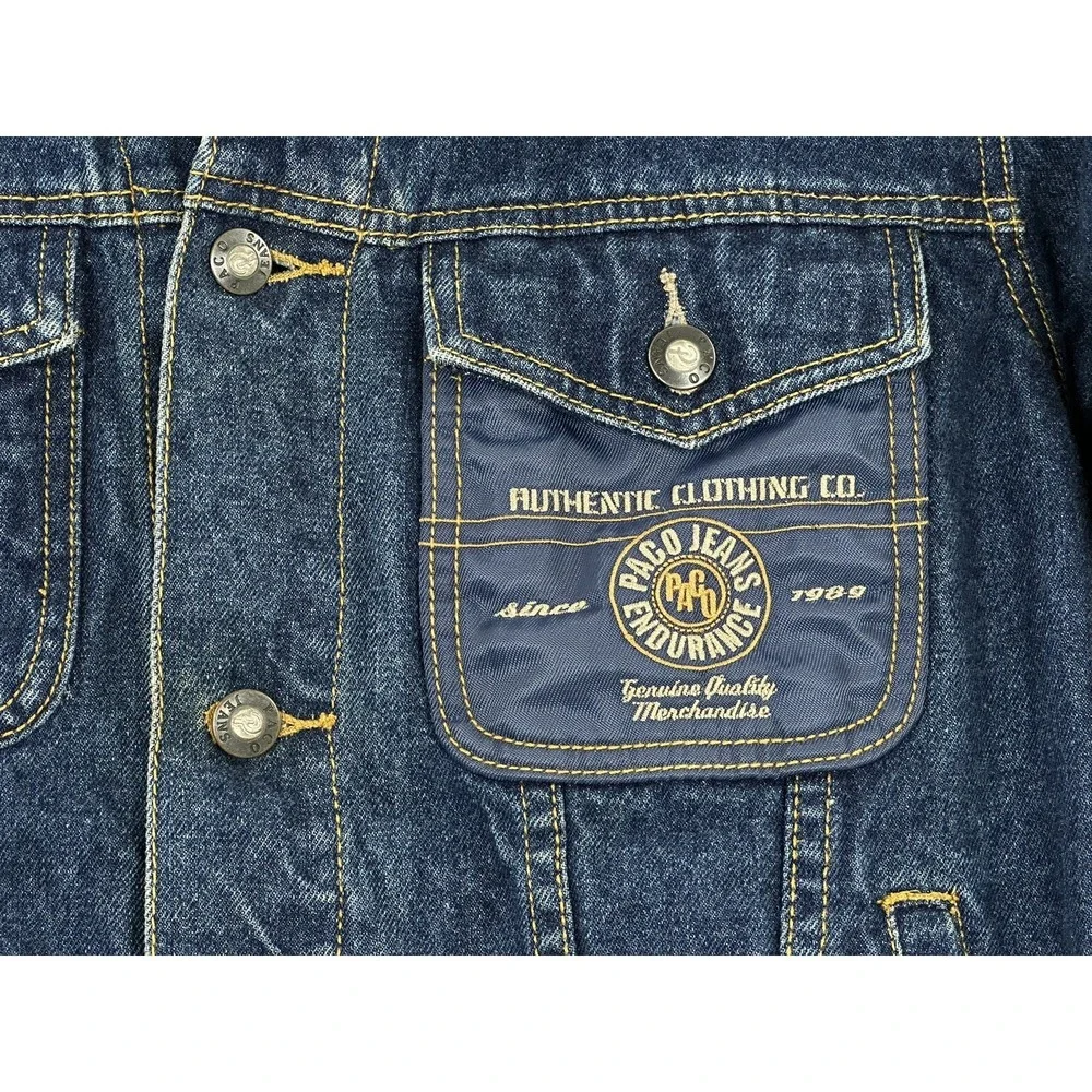 Paco Denim‎ Jacket Youth L Blue Spellout Embroidered 90s Grunge Skater Vintage